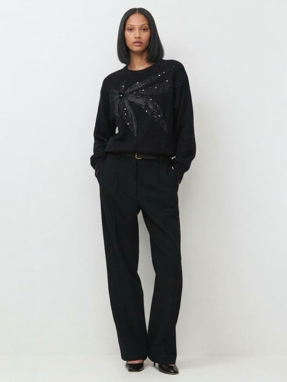 Vintage 80s Wool Angora Appliqué Sweater Small Black Winter Sequins